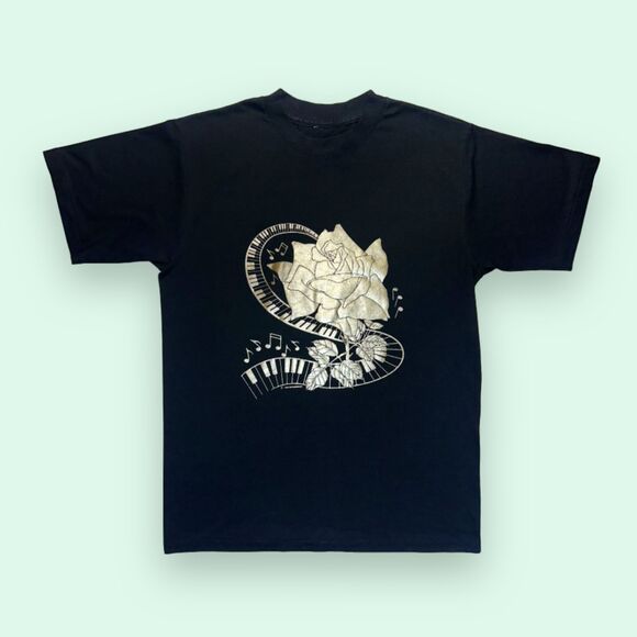 Vintage 80s Single Stitch T-Shirt ScreenStars Gold Rose Piano Keys Graphic Tee - Picture 1 of 13